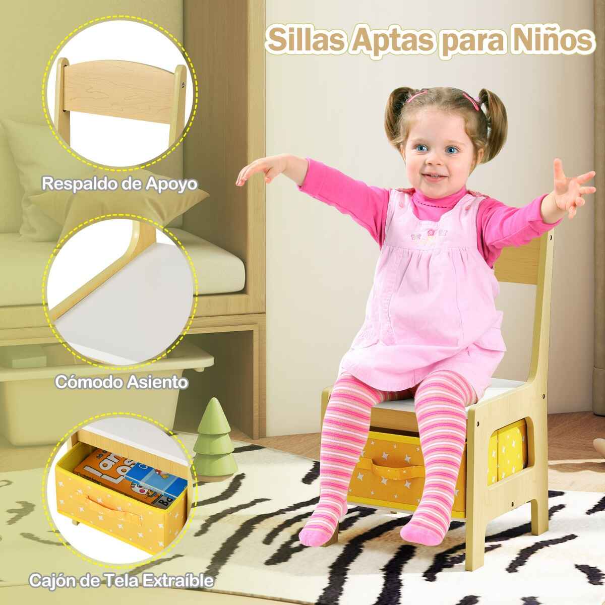 Juego de Mesa y 2 Silla para Niños de manera con Cajas de Almacenamiento Amarillo