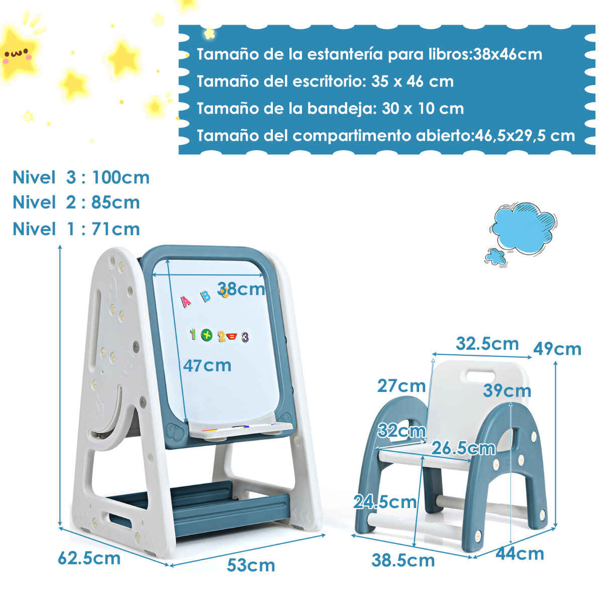 Caballete para Pintar 2 en 1 para Niños Pizarra de Doble Cara y Librería con Silla y Superficie Plegable Azul 62,5 x 53 x 71-100 cm