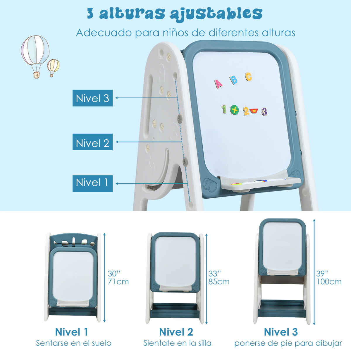 Caballete para Pintar 2 en 1 para Niños Pizarra de Doble Cara y Librería con Silla y Superficie Plegable Azul 62,5 x 53 x 71-100 cm