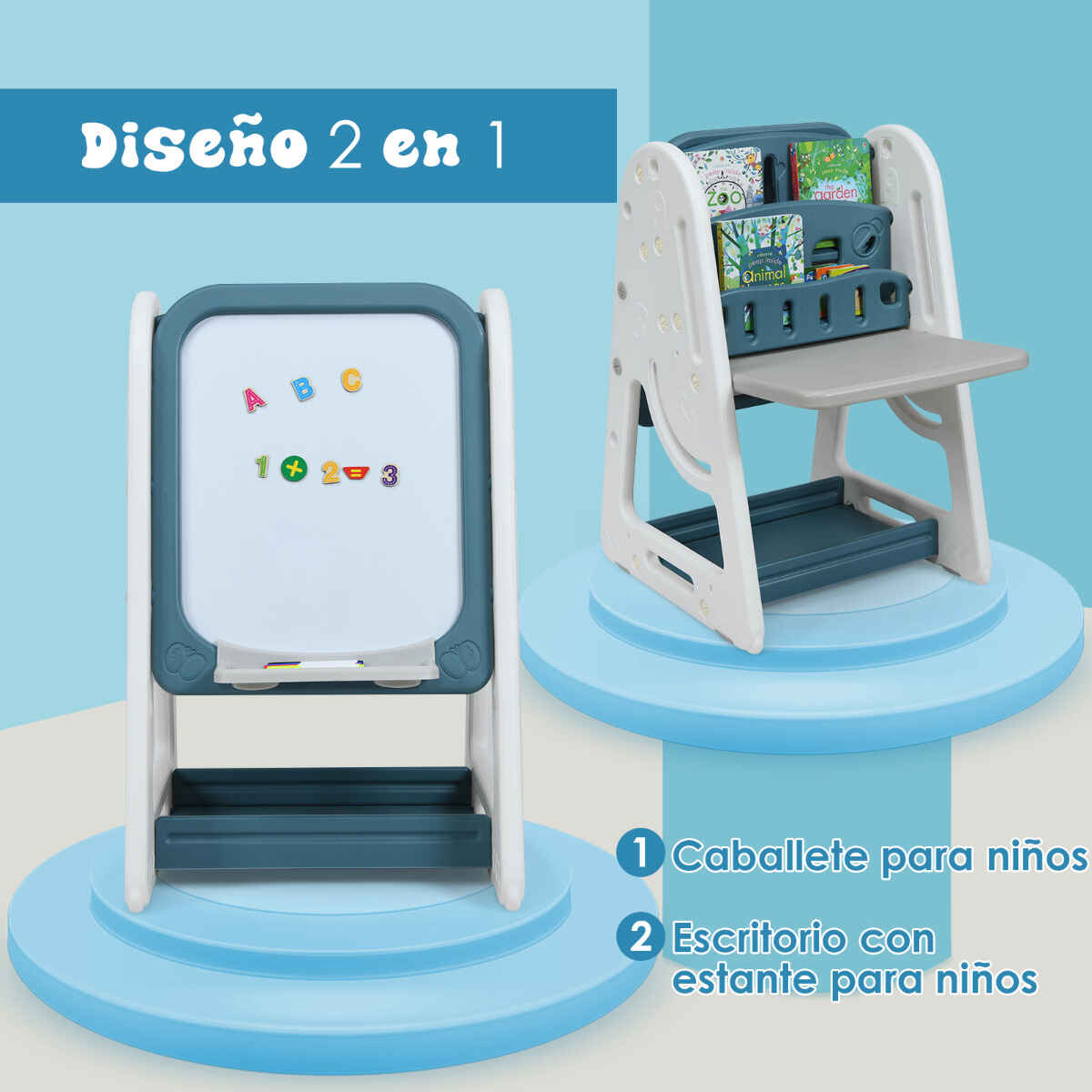 Caballete para Pintar 2 en 1 para Niños Pizarra de Doble Cara y Librería con Silla y Superficie Plegable Azul 62,5 x 53 x 71-100 cm