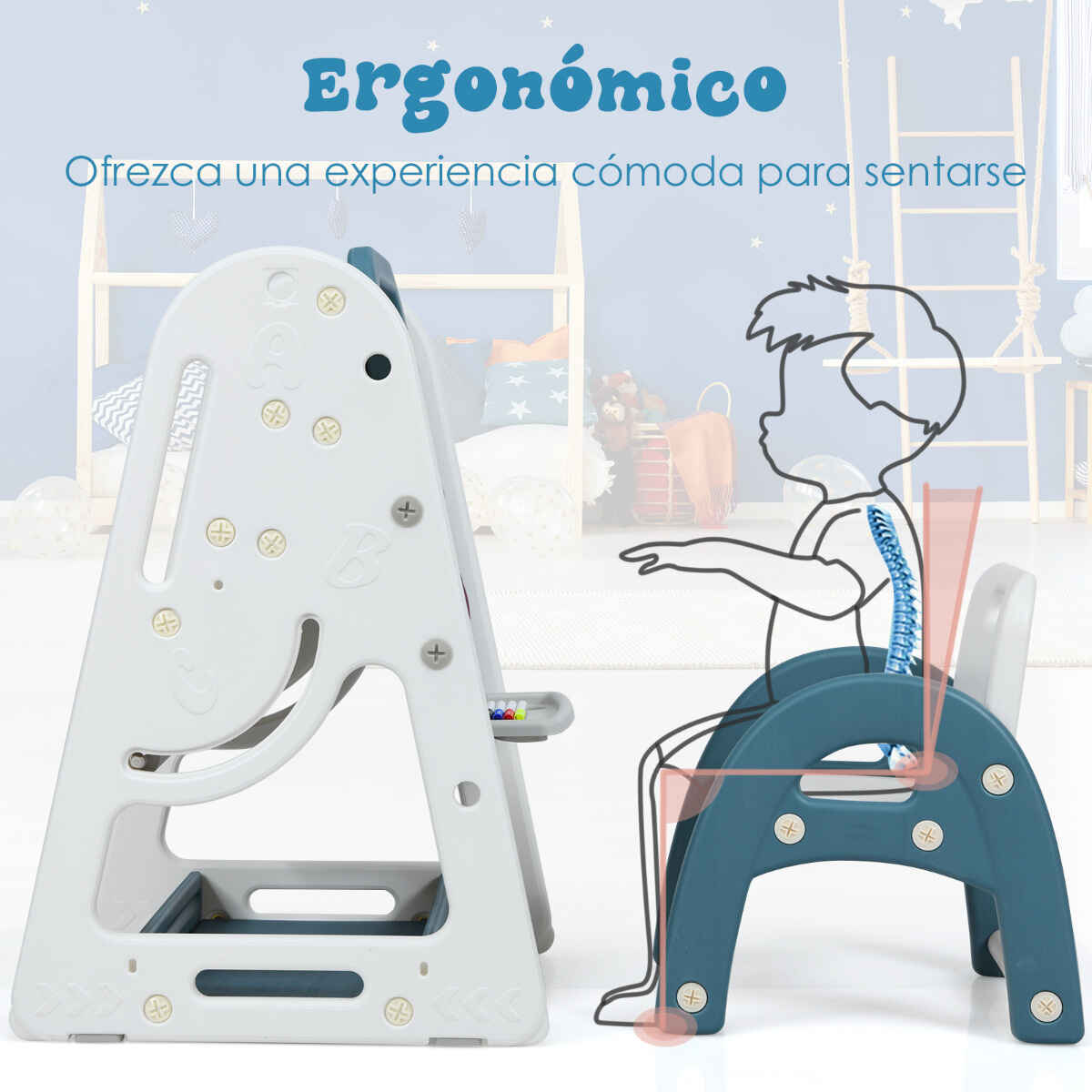 Caballete para Pintar 2 en 1 para Niños Pizarra de Doble Cara y Librería con Silla y Superficie Plegable Azul 62,5 x 53 x 71-100 cm