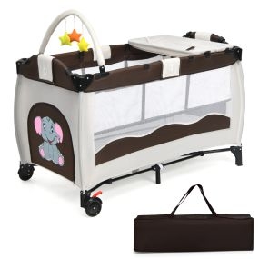 Parque 3 en 1 para niños con cuna, cambiador, plegable y portátil, marrón, 125 x 66 x 84 cm