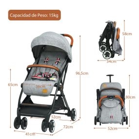 Cochecito de Bebé Plegable con Marco de Aluminio Ligero Respaldo y Reposapiés Ajustables 41 x 72 x 96,5 cm Gris