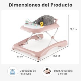 Andador para Bebé Plegable con Altura Ajustable en Tres Niveles Asiento Desmontable para Niños de 0 a 24 Meses 70,5 x 58 x 50,5 cm Rosa