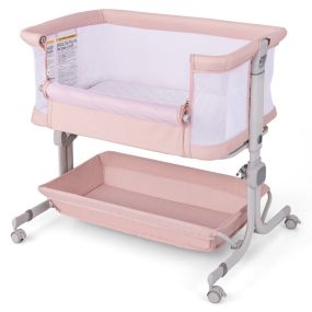 Cuna Colecho con Altura Ajustable de 6 Niveles Estante Ruedas Bloqueables Colchón y Bolsa de Transporte Cama Plegable Infantil Rosa