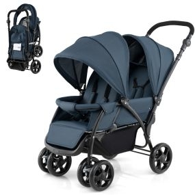 Cochecito de Bebé Doble Plegable con Asiento y Dosel Cinturón de Seguridad Respaldo Ajustable Manija de Empuje Ruedas Bloqueables Azul