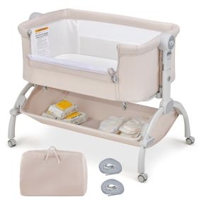 Cama de noche 2 en 1 para bebés altura ajustable 4 ruedas mosquitera cesta 95 x 65 x 70-82 cm beige