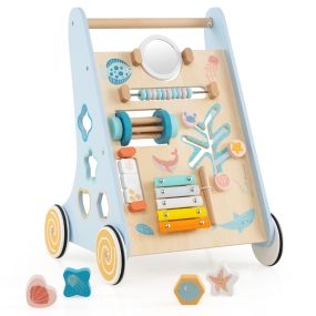 Andador de Madera para Bebés Centro de Actividades de Aprendizaje para Empujar y Tirar Juguete Montessori con Ruedas Juguete de Empuje Azul