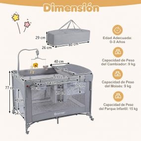 Cuna portátil plegable multifuncional con cambiador, móvil musical y ruedas con freno 110 x 76 x 77 cm gris claro