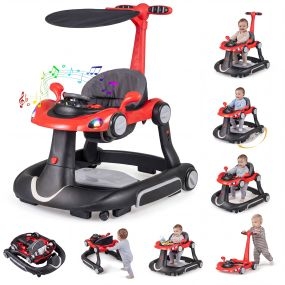 Andador 6 en 1 para bebés con capota, hamaca mecedora, música y luces, negro y rojo