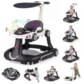 Andador 6 en 1 para bebés con capota, hamaca mecedora, música y luces, negro y blanco
