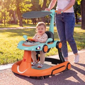 Andador 6 en 1 para bebés con capota, hamaca mecedora, música y luces, verde y naranja