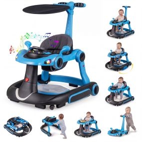 Andador 6 en 1 para bebés con capota, hamaca mecedora, música y luces, azul y negro