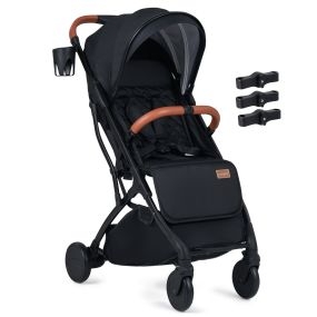 Silla de paseo plegable ligera con respaldo, capota, reposapiés, cubierta lluvia, saco pies y cesta, negro