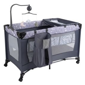 Cuna plegable para bebé con cambiador, ruedas con freno y juguetes musicales, gris oscuro, 126 x 65 x 77 cm, hasta 30 kg, 0 a 3 años