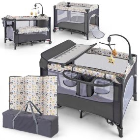 Cuna Moisés plegable para bebé con cambiador, caja de música y juguetes colgantes, gris 110 x 76 x 76 cm