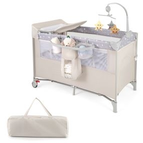 Centro Portátil 5 en 1 para Bebé Plegable con Mesa para Cambiar Pañales Corral Cuna de Lado para Dormir Moisés Colchón Bolsa de Viaje Beige