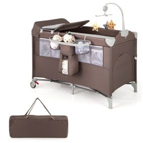 Centro Portátil 5 en 1 para Bebé Plegable con Mesa para Cambiar Pañales Corral Cuna de Lado para Dormir Moisés Colchón Bolsa de Viaje Marrón