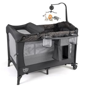Cuna parque bebé 4 en 1 plegable con cambiador y ruedas con freno gris 110 x 68 x 55-75 cm