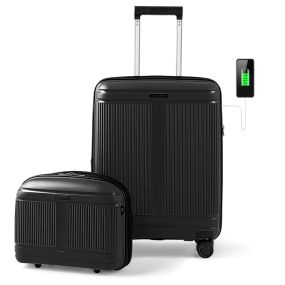Juego de Equipaje de 2 Piezas Maleta de Mano de 20" y Estuche Cosmético de 14" con Puerto USB Carcasa PP con Cerradura-Negro