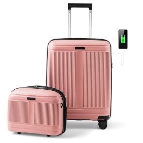 Juego de Equipaje de 2 Piezas Maleta de Mano de 20" y Estuche Cosmético de 14" con Puerto USB Carcasa PP con Cerradura-Rosa