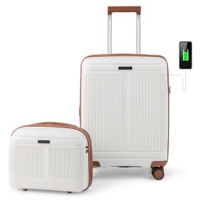 Juego de Equipaje de 2 Piezas Maleta de Mano de 20" y Estuche Cosmético de 14" con Puerto USB Carcasa PP con Cerradura-Blanco