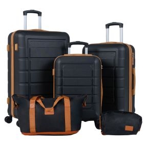 Juego de 5 maletas rígidas ABS negro con 3 tamaños, asa telescópica, ruedas dobles 360°, cerradura, ampliables y neceser bolsa de viaje
