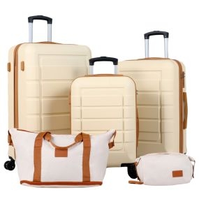 Juego de 5 maletas rígidas ABS beige con 3 tamaños, asa telescópica, ruedas dobles 360°, cerradura, ampliables y neceser bolsa de viaje
