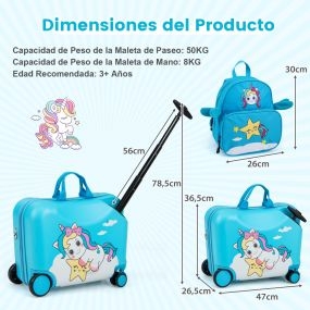Juego de Equipaje para Niños de 2 Piezas Maleta Montable y Mochila con Ruedas Cáscara Dura Impermeable Rodante de Viaje Azul