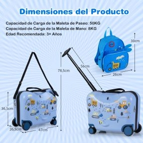Set de Equipaje para Niños de 2 Piezas con Cuerda Anti-Perdida Varilla Retráctil Correa Ajustable Equipaje de Carro Duro con Ruedas Azul
