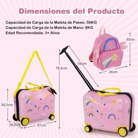 Set de Equipaje para Niños de 2 Piezas con Cuerda Anti-Perdida Varilla Retráctil Correa Ajustable Equipaje de Carro Duro con Ruedas Rosa