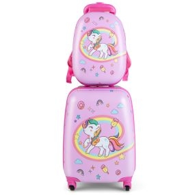 Juego de 2 Equipajes de Mano para Niños con Ruedas Maleta Mochila de Casco Duro Rodantes Portátiles Rosa Oscuro