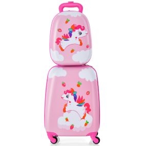 Juego de 2 Equipajes de Mano para Niños con Ruedas Maleta Mochila de Casco Duro Rodantes Portátiles Rosa + Multicolor