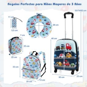Juego de Equipaje para Niños de 5 Piezas con Ruedas Mochila Almohada para Cuello Etiqueta de Equipaje y Bolsa de Almuerzo Azul Claro