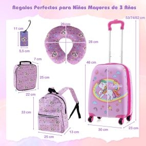 Juego de Equipaje para Niños de 5 Piezas con Ruedas Mochila Almohada para Cuello Etiqueta de Equipaje y Bolsa de Almuerzo Rosa Oscuro
