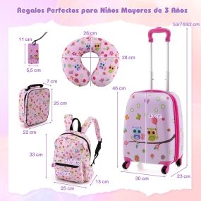 Juego de Equipaje para Niños de 5 Piezas con Ruedas Mochila Almohada para Cuello Etiqueta de Equipaje y Bolsa de Almuerzo Rosa Claro