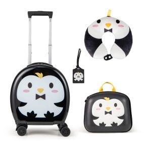Juego de Maletas para Niños de 4 Piezas con Equipaje de Mano con Ruedas Mochila Almohada para el Cuello Etiqueta para Equipaje Negro