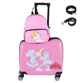 Juego de Equipaje Infantil de 2 Piezas con Ruedas Giratorias Maleta de 47 cm para Montar y Llevar Correa Anti-pérdida Unicornio