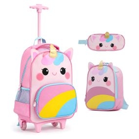 Mochila con ruedas infantil 3 piezas unicornio 3D correa ajustable doble cremallera rosa multicolor