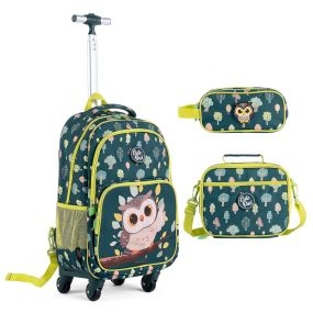 Juego de mochila 3 en 1 para niños con diseño de búho, ruedas, mango ajustable, fiambrera y estuche
