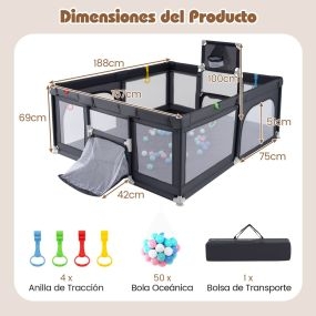 Conjunto de Corralito Grande para Bebé y Piscina de Bolas con Aro de Baloncesto Portería y 200 Bolas Transpirable Plegable Gris Oscuro
