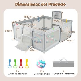 Conjunto de Corralito Grande para Bebé y Set de Escalada de 5 Piezas con Piscina de Pelota Aro de Baloncesto y Funda Lavable Gris