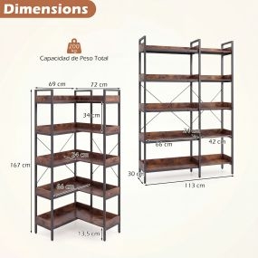 Conjunto de Estantería de Esquina 5 Niveles con Montaje Dual y Mueble Auxiliar de Cocina con 4 Cajones Estilo Industrial Marrón Rústico