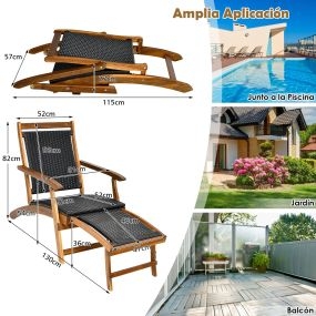 Conjunto de Tumbona Plegable 2 en 1 de Madera de Acacia y Ratán PE con Reposapiés Retráctil y Mesa Auxiliar de 2 Niveles