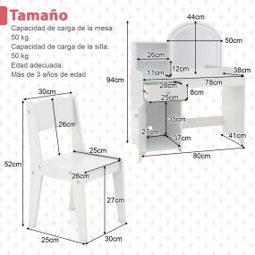 Set de Mesa de Tocador y Silla para Niños con Luces LED y Armario Joyero con Espejo de Cuerpo Entero y Almacenamiento