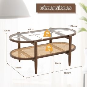 Set de Mesa Central y Mesa Auxiliar Redonda de Ratán PE con Vidrio Templado y Madera de Acacia 2 Niveles Almacenamiento Marrón