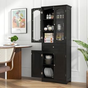 Armario baño alto 160 cm 4 puertas de vidrio con cajón y estantes ajustables negro