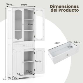 Armario de baño alto 160 cm 4 puertas de vidrio con cajón y estantes ajustables blanco
