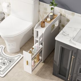 Gabinete de baño 16 cm con cajón, ruedas, armario metálico, 5 niveles y puerta translúcida blanca