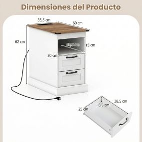 Conjunto de Mesita de Noche y Mesa Auxiliar con Estación de Carga y Estantes Ajustables para Dormitorio y Salón